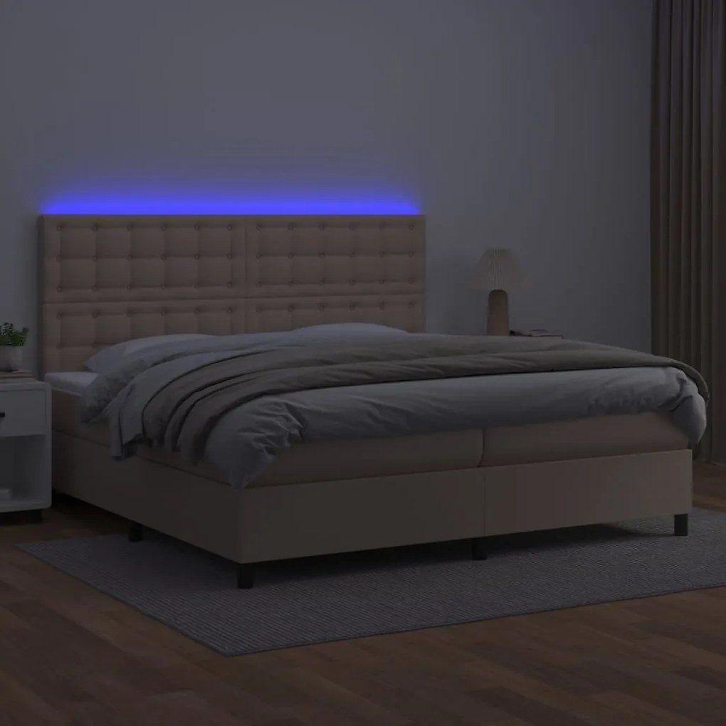 Κρεβάτι Boxspring Στρώμα&amp;LED Καπουτσίνο 200x200 εκ. Συνθ. Δέρμα - Καφέ