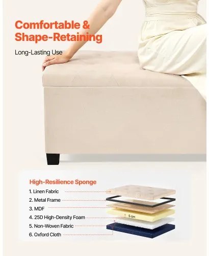 VEVOR Storage Ottoman Bench, Button-Tufted End of Bed Bench with Side Bags, Flip-up Upholstered Storage Chest with Metal Frame, Linen Bed Ottoman for Living Room, Bedroom, Entryway, Office, Beige