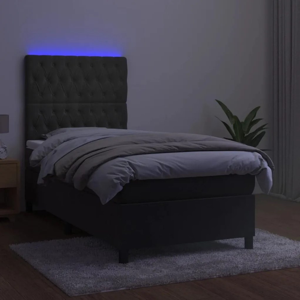 vidaXL Κρεβάτι Boxspring με Στρώμα & LED Σκ. Γκρι 100x200εκ. Βελούδινο