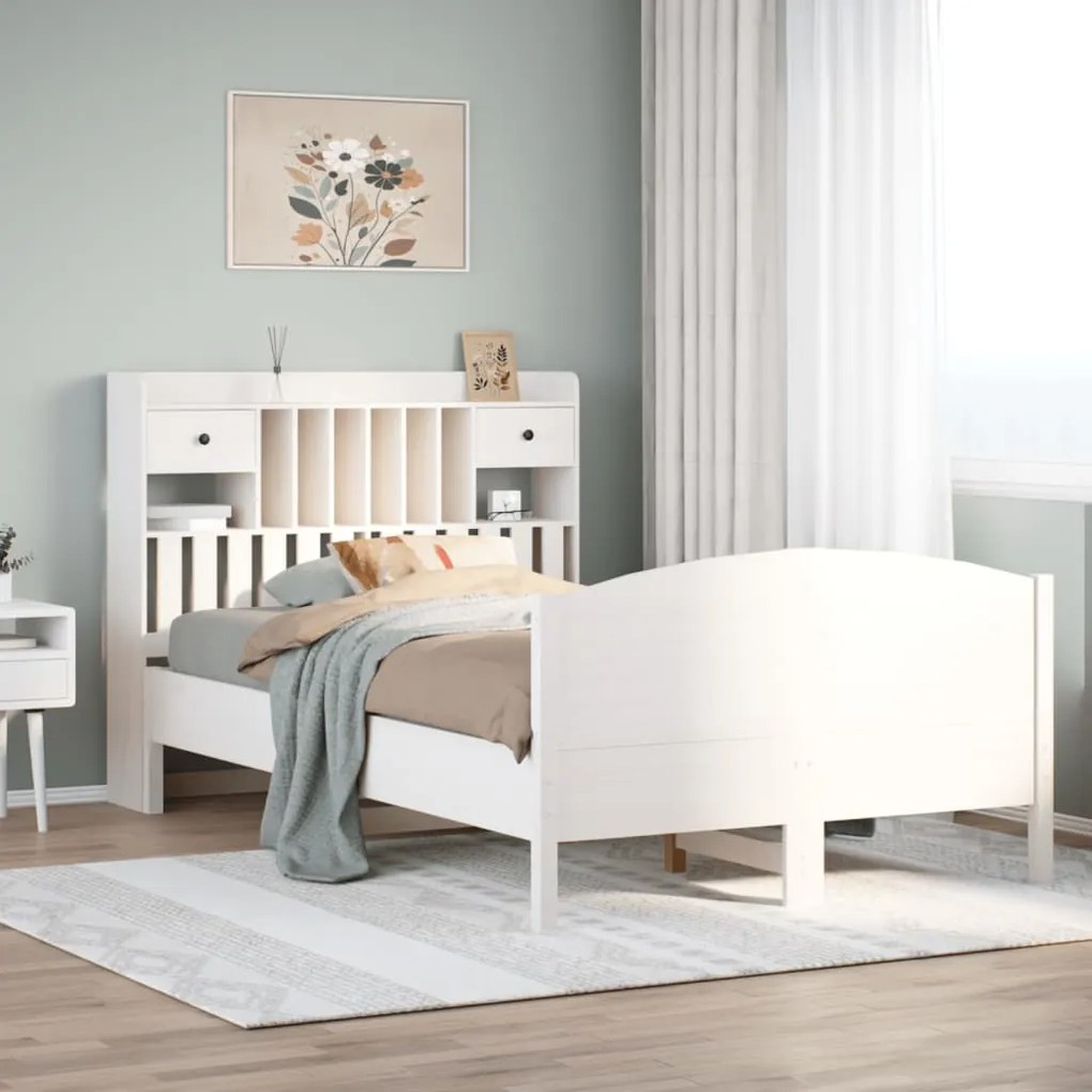 Κρεβάτι Βιβλιοθήκη Χωρίς Στρώμα Λευκό 135x190 εκ Μασίφ Πεύκο