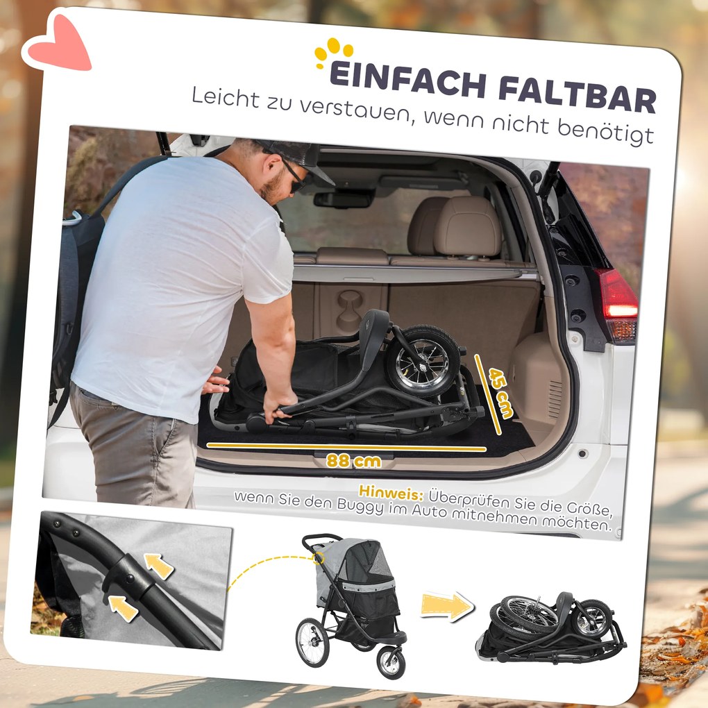 Καρότσι Σκύλου PawHut, Καρότσι Κατοικίδιου για Μικρά Σκυλιά και Γάτες, με Καλάθι Αποθήκευσης, Σχεδιασμός Αναδίπλωσης με Ένα Κλικ, Γκρι