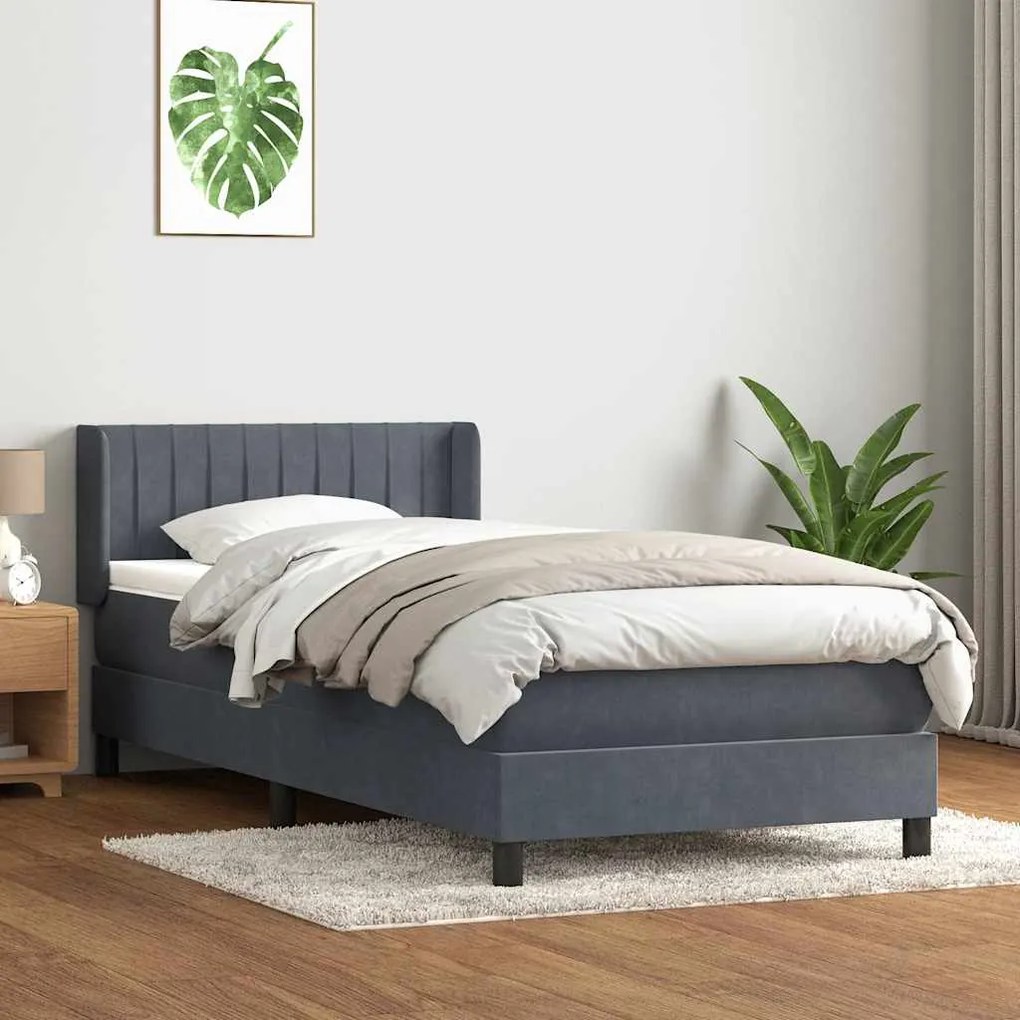 vidaXL Κρεβάτι Boxspring με Στρώμα Σκούρο Γκρι 90x210 εκ. Βελούδινο