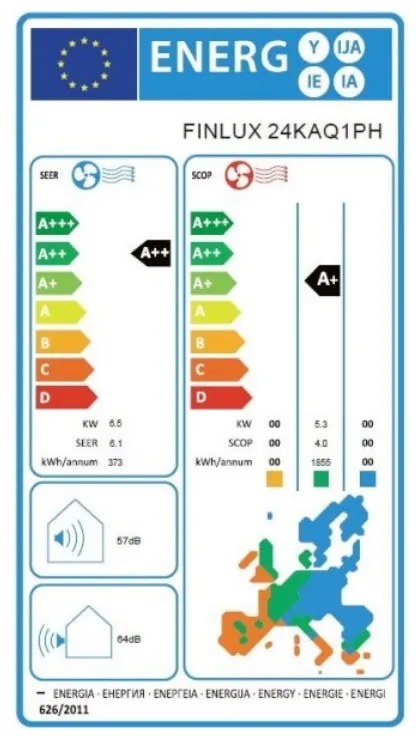 Κλιματιστικό Finlux 24KAQ1PH, 24000 BTU, A++, 55 m2, R32, Αφύγρανση 3l/h, Λευκό