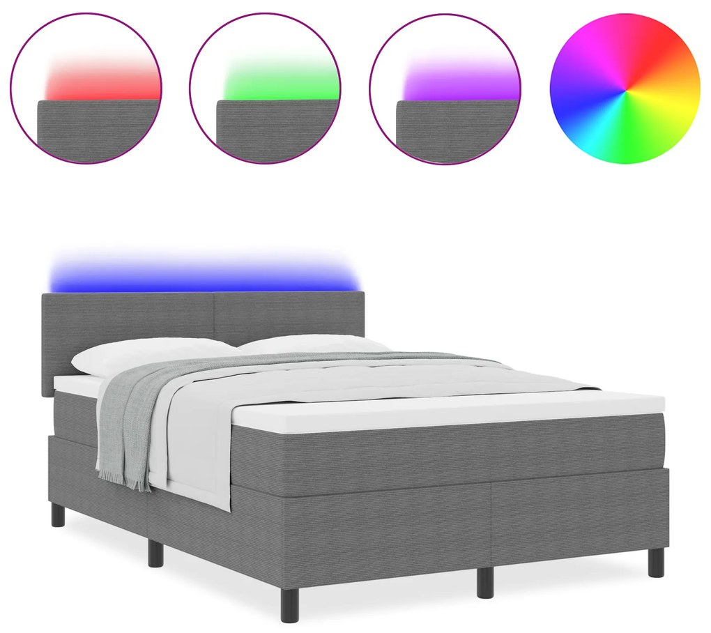 vidaXL Κρεβάτι με Βάση και Στρώμα & Φως LED Γκρι 140x200 cm Ύφασμα Κορδούρα