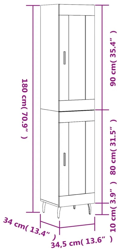 Ντουλάπι Γυαλ. Λευκό 34,5 x 34 x 180 εκ. από Επεξεργασμένο Ξύλο - Λευκό