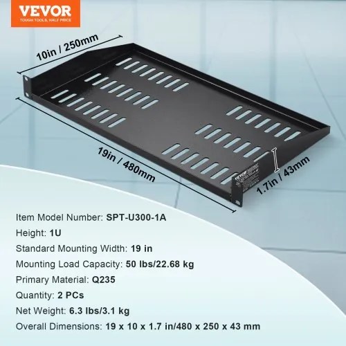 VEVOR 2PCS 1U Server Rack Shelf 10&quot;/254 mm Depth Vented Rack Mount Shelf Tray