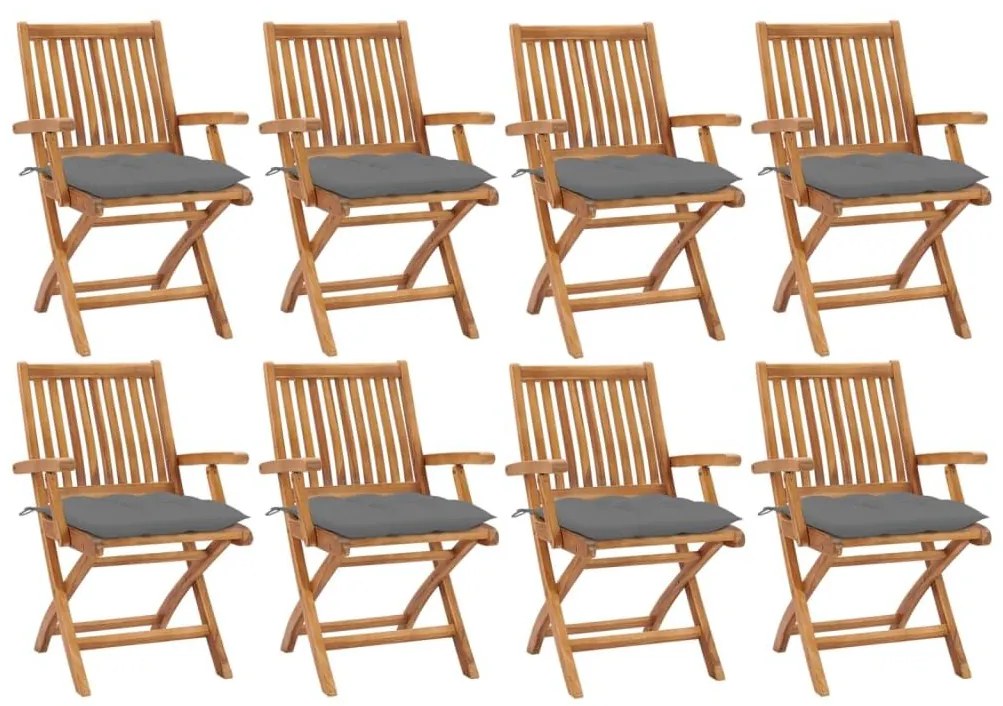 Καρέκλες Κήπου Πτυσσόμενες 8 τεμ. Μασίφ Ξύλο Teak με Μαξιλάρια - Γκρι