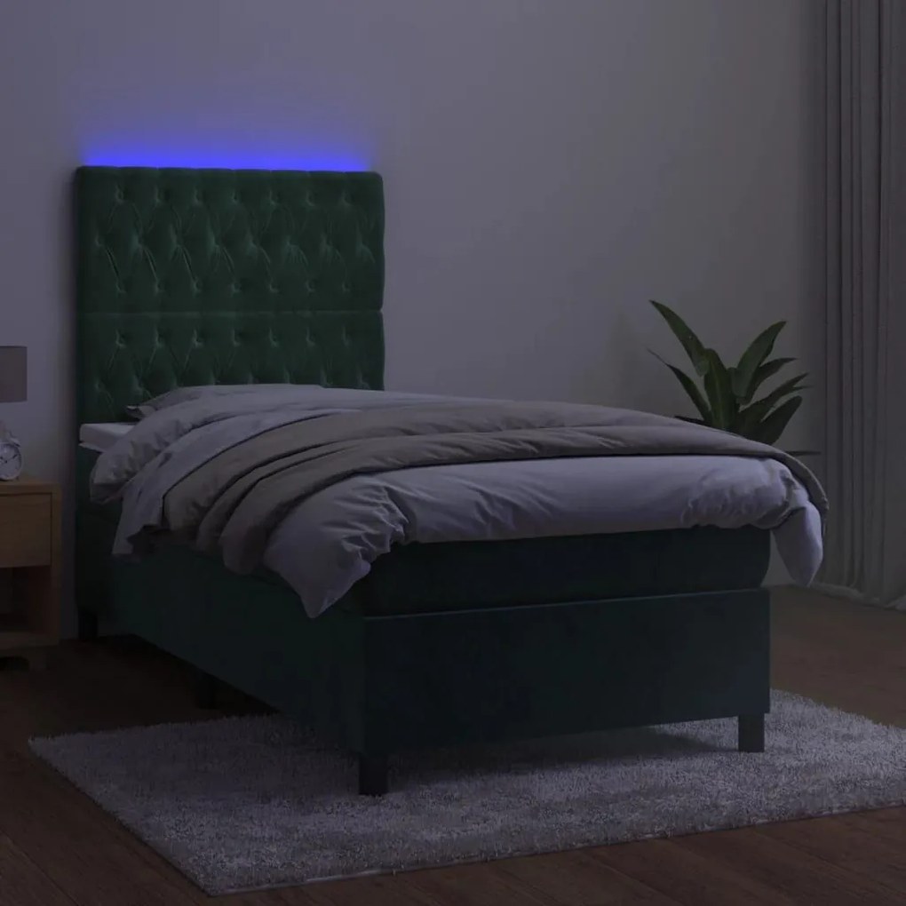 Κρεβάτι Boxspring με Στρώμα &amp; LED Σκ. Πράσινο 80x200 εκ Βελούδο - Πράσινο