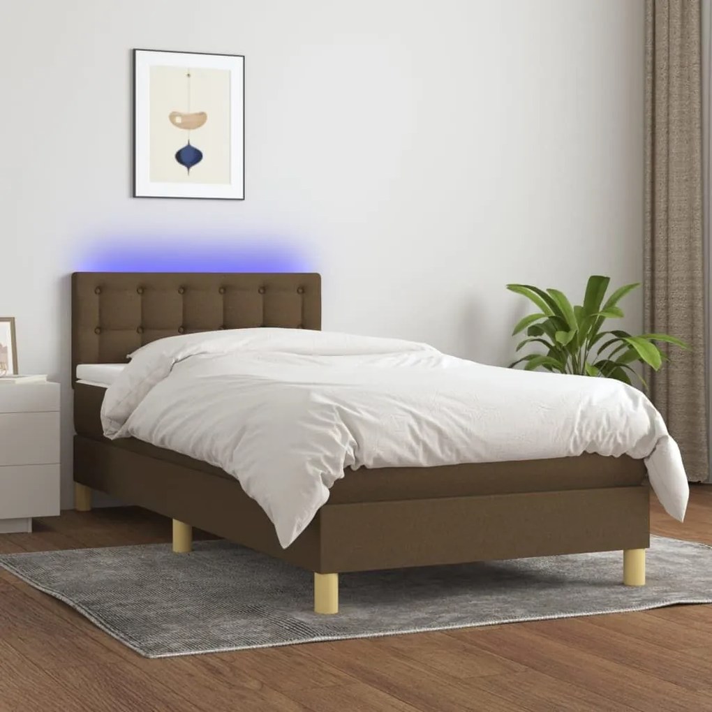 Κρεβάτι Boxspring με Στρώμα &amp; LED Σκ.Καφέ 80x200 εκ. Υφασμάτινο - Καφέ