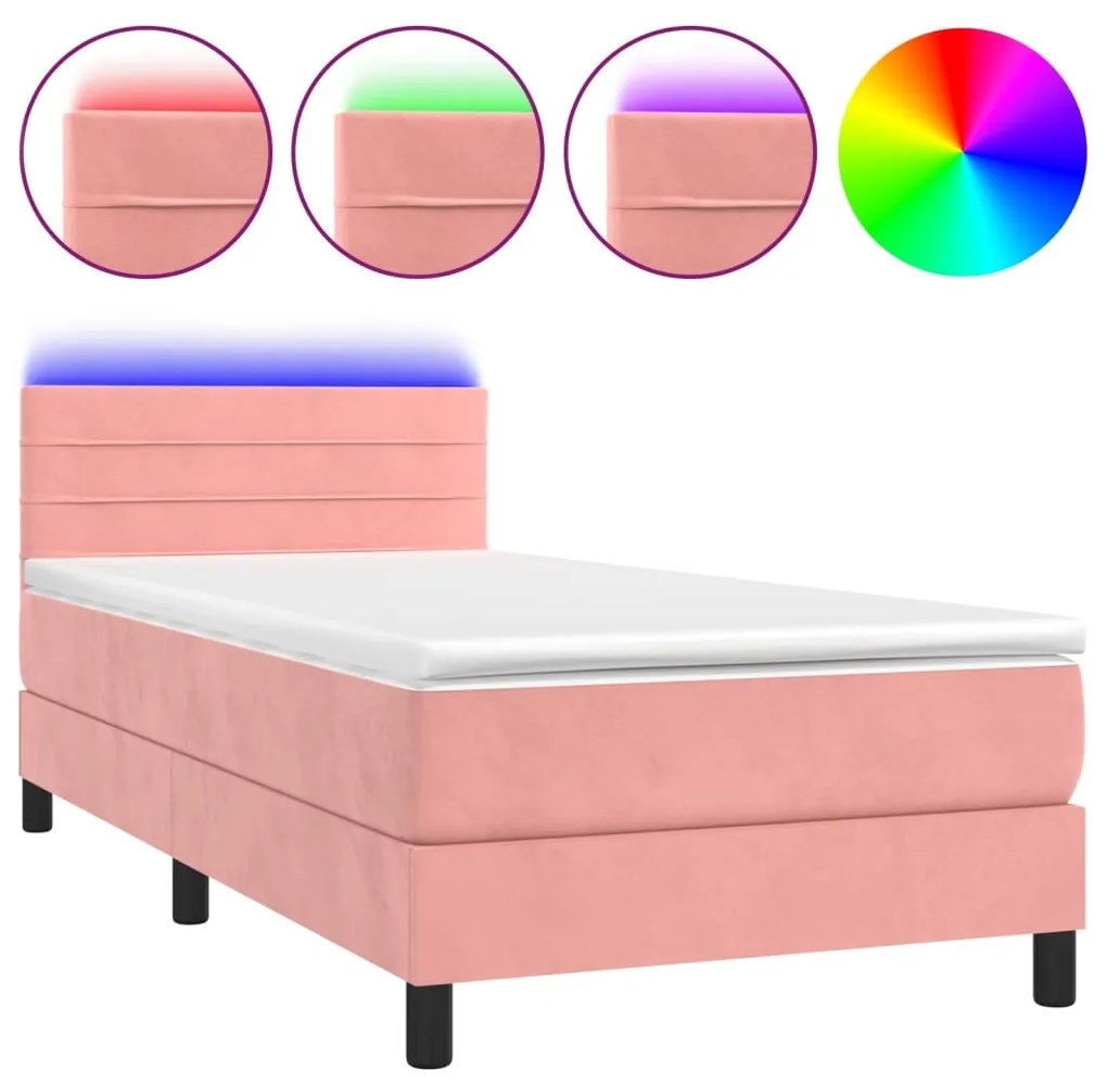 Κρεβάτι Boxspring με Στρώμα &amp; LED Ροζ 90x190 εκ. Βελούδινο - Ροζ