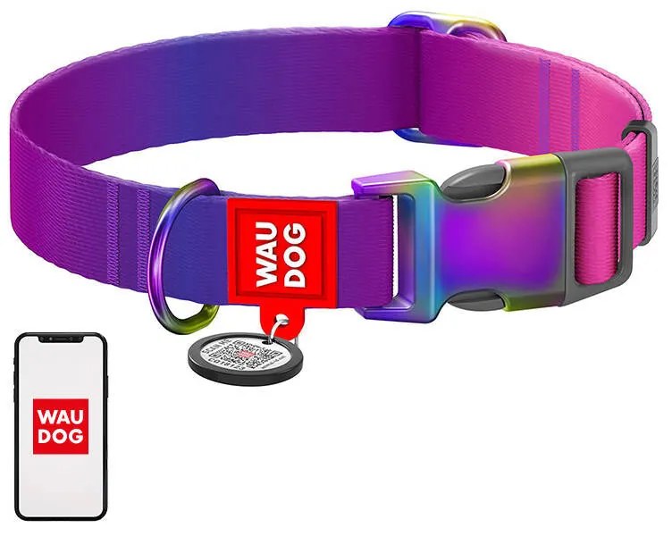 Nylon dog collar with QR code WAUDOG 15 mm wide, 25-35 cm long purple
