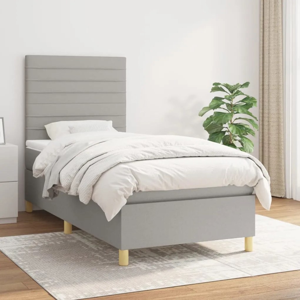 Κρεβάτι Boxspring με Στρώμα Ανοιχτό Γκρι 90x200 εκ. Υφασμάτινο