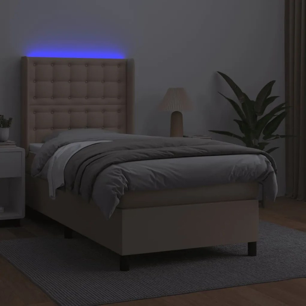 Κρεβάτι Boxspring Στρώμα&amp;LED Καπουτσίνο 100x200 εκ. Συνθ. Δέρμα - Καφέ