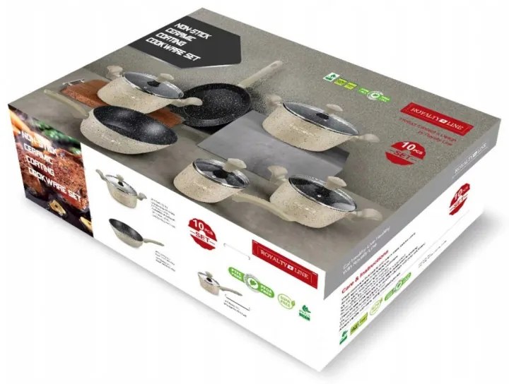 Σετ κατσαρόλες και τηγάνια Royalty Line FD10, 10 τεμάχια, Χυτό αλουμίνιο, επίστρωση μαρμάρου Greblon, Επαγωγή, Μπεζ