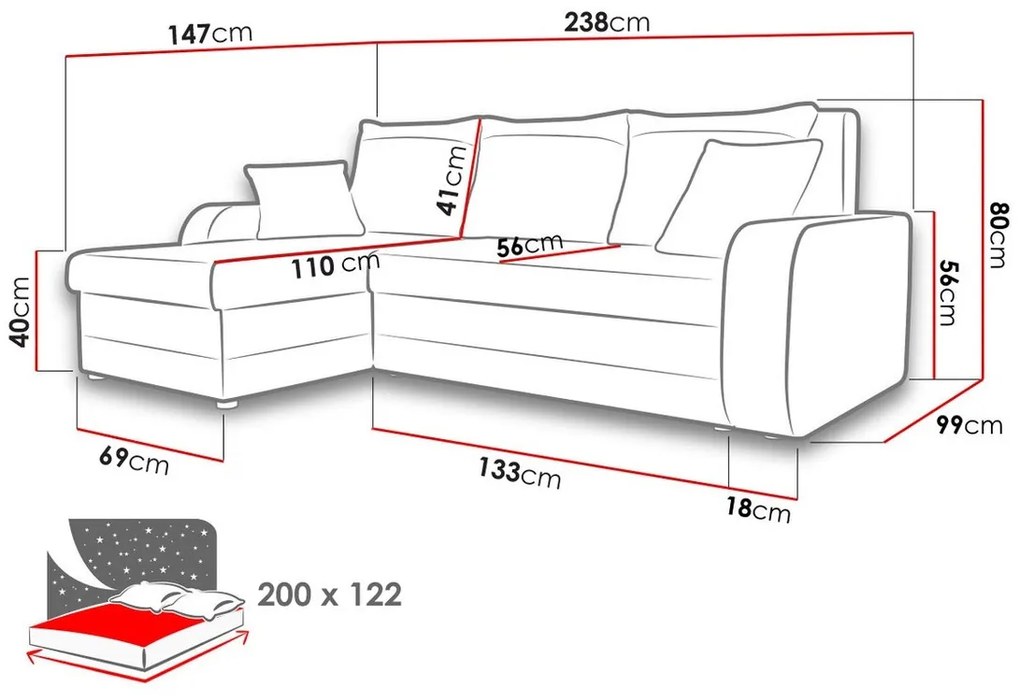 Γωνιακός Καναπές Comfivo 135, Λειτουργία ύπνου, Αποθηκευτικός χώρος, 238x147x80cm, 117 kg, Πόδια: Πλαστική ύλη | Epipla1.gr
