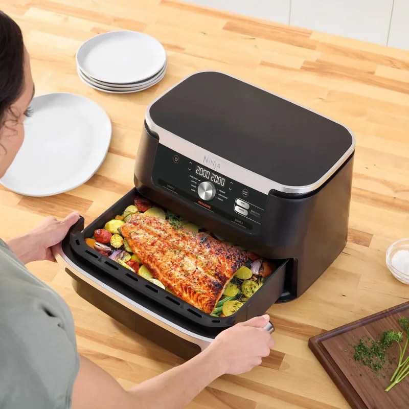 Διπλή φριτέζα με ζεστό αέρα Ninja AF500EU, 10,4 l, 7 προγράμματα, Χρονοδιακόπτης, Ανεξάρτητες ζώνες, Μαύρο/Ινοχ