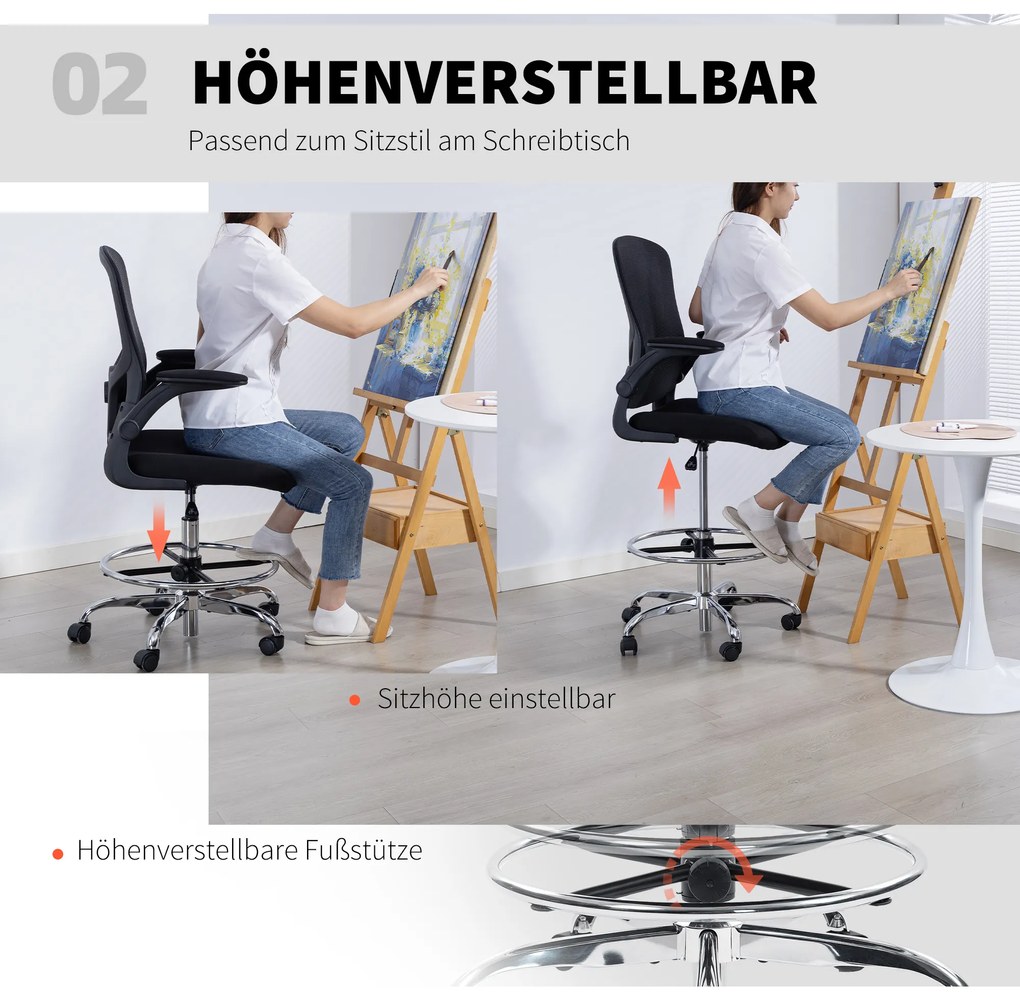 HOMCOM Καρέκλα σχεδίασης με οσφυϊκή υποστήριξη, ρυθμιζόμενο ύψος, περιστρεφόμενη, για οικιακό γραφείο, στούντιο, καλλιτεχνικά έργα, μαύρο
