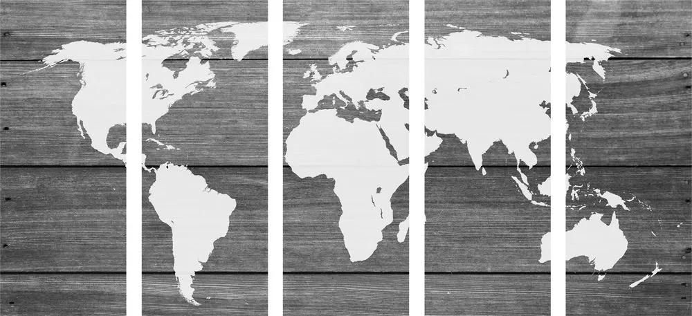 Εικόνα 5 τμημάτων ασπρόμαυρος παγκόσμιος χάρτης με ξύλινο φόντο