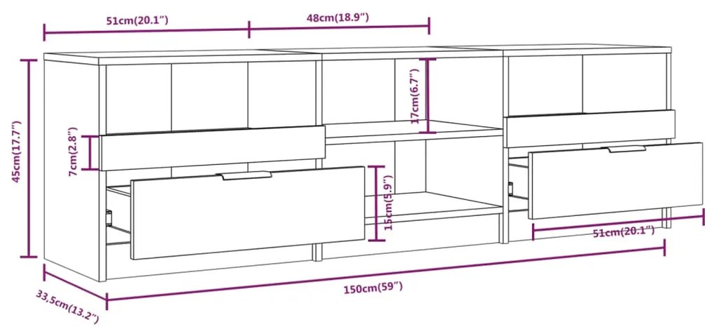 Έπιπλο Τηλεόρασης Λευκό 150x33,5x45 εκ. από Επεξεργασμένο Ξύλο - Λευκό