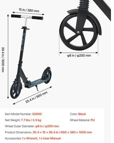 VEVOR Kick Scooter for Kids Ages 8+, Teens &amp; Adults, 2-Wheel Toddler Scooter with Adjustable Height Handlebar, Wide Anti-Slip Deck, Foldable Lightweight Frame for Boys &amp; Girls up to 99.8 kg, Black