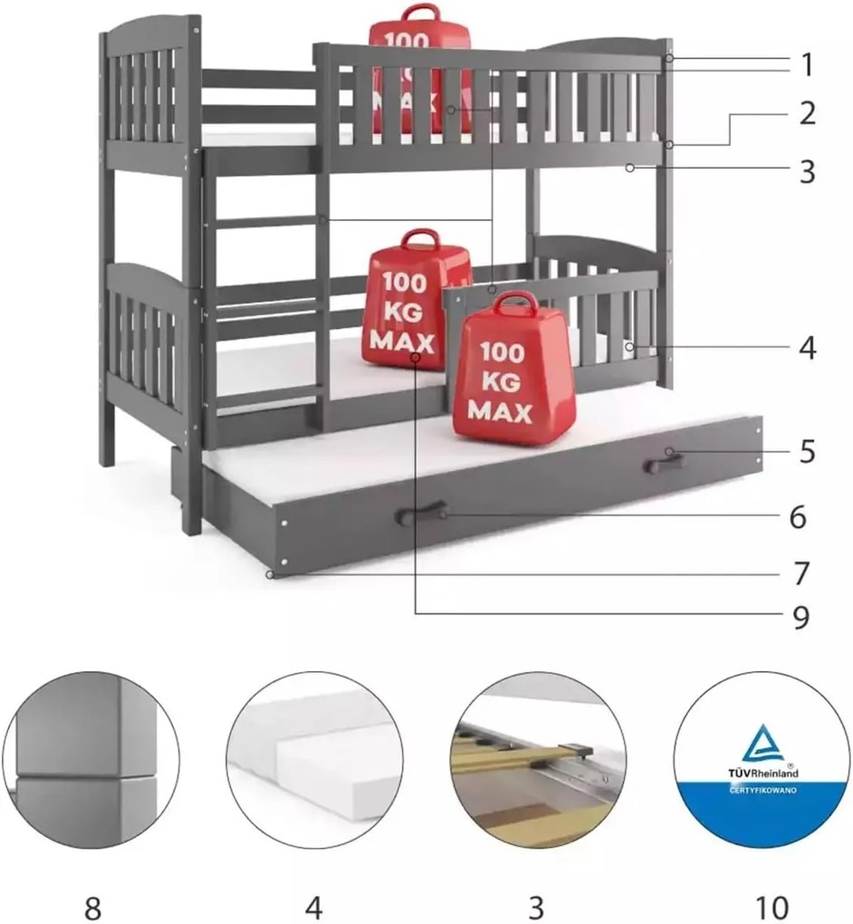 Κουκέτα  Dorian με 3o Κρεβάτι από μασίφ ξύλο Grey  90×200cm (Δώρο τα 3 Στρώματα)