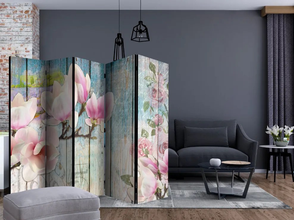 Διαχωριστικό με 5 τμήματα - Pink Flowers on Wood II [Room Dividers]