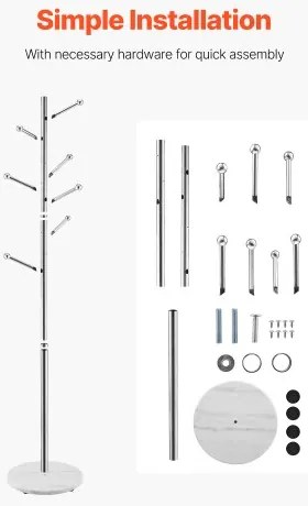 VEVOR Coat Rack Freestanding Coats Rack Stand with Stable Marble Base & 8 Hooks