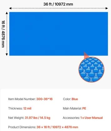VEVOR Solar Pool Cover, 10.97 x 4.88m Rectangle Pool Bubble Cover, 12 Mil Pools Solar Blanket with Bubble &amp; PE Material, Daytime Heat Absorption, Nighttime Heat Retention, Heat Retaining Solars Covers, Blue
