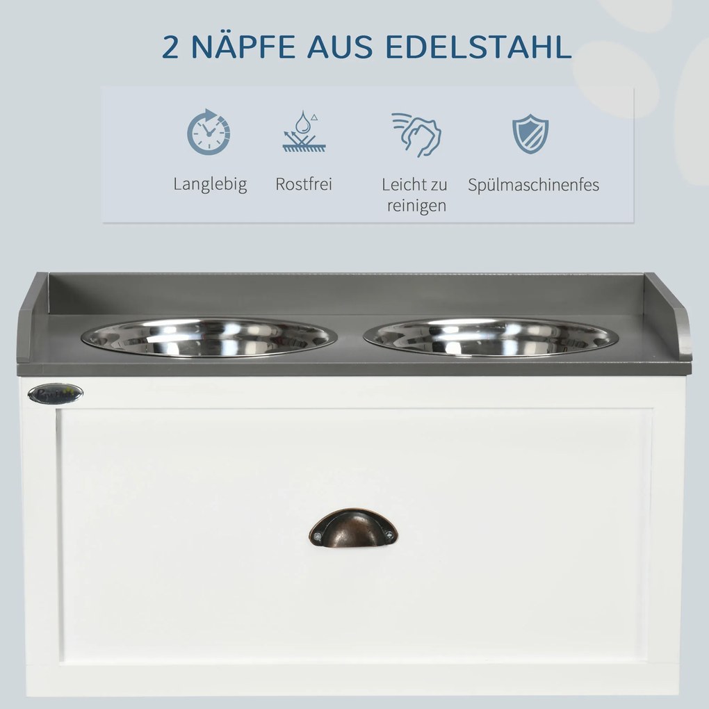 PawHut Σταθμός Τροφοδοσίας, 2 Μπολ Τροφοδοσίας 2 λίτρων το καθένα, Ανοξείδωτο Ατσάλι, με Συρτάρι, για Μεγάλα Σκυλιά, Λευκό+Γκρι, 60 x 30 x 36 cm