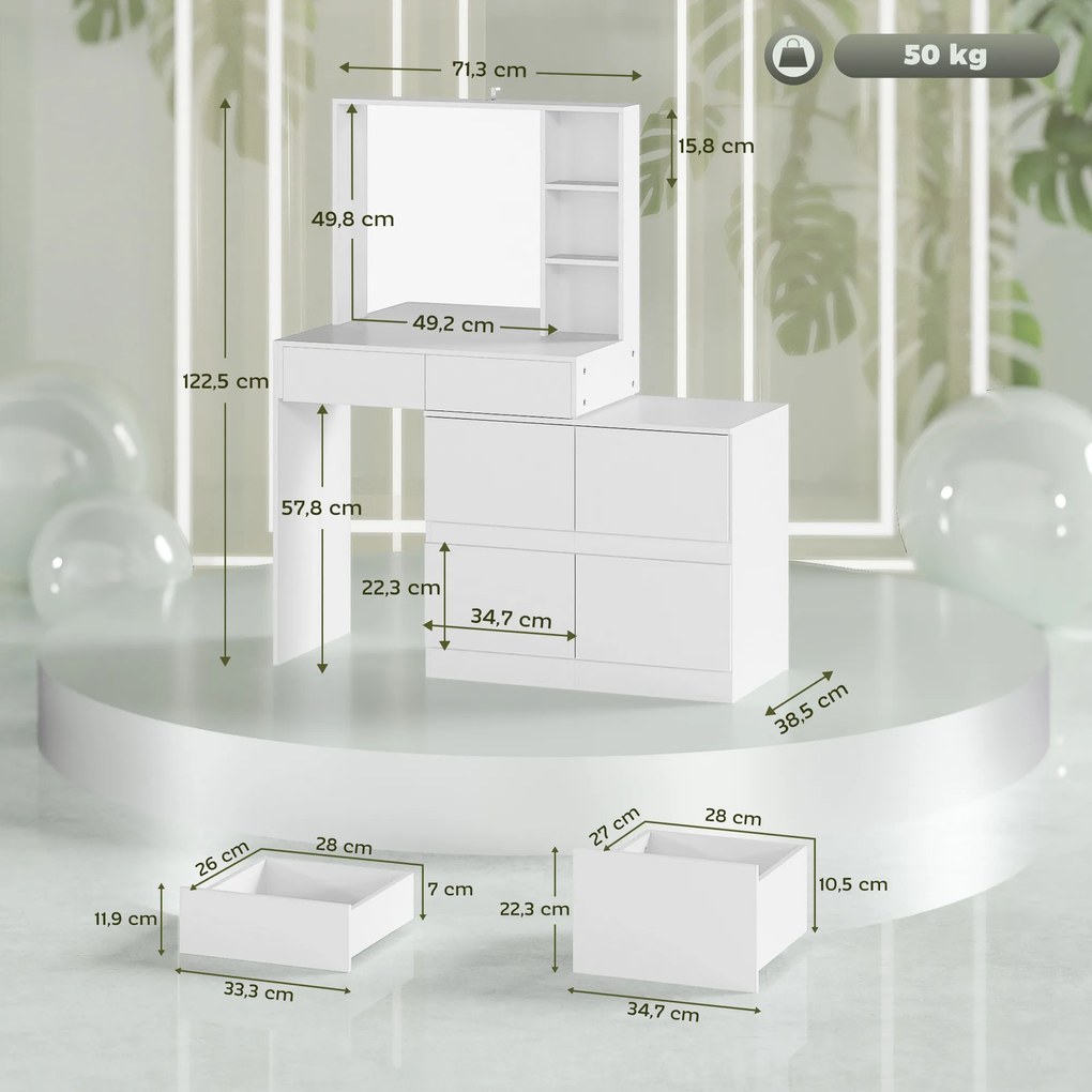 HOMCOM Τουαλέτα μακιγιάζ, τραπέζι μακιγιάζ με μεγάλο καθρέφτη, 4 συρτάρια, 3 ανοιχτά ράφια, 2 ντουλάπια, MDF, λευκό