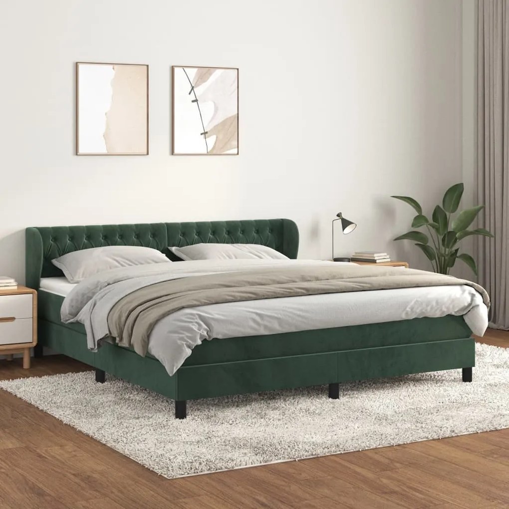 vidaXL Κρεβάτι Boxspring με Στρώμα Σκούρο Πράσινο 180x200εκ. Βελούδινο