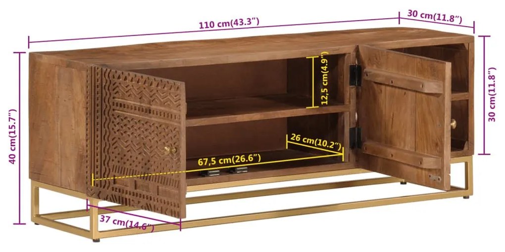 Έπιπλο Τηλεόρασης 110 x 30 x 40 εκ. Μασίφ Ξύλο Μάνγκο &amp; Σίδηρος - Καφέ