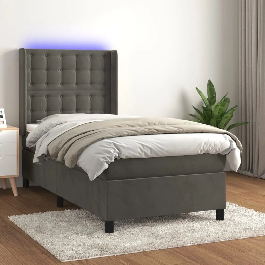 ΚΡΕΒΑΤΙ BOXSPRING ΜΕ ΣΤΡΩΜΑ &amp; LED ΣΚ. ΓΚΡΙ 90X190 ΕΚ. ΒΕΛΟΥΔΙΝΟ 3139776