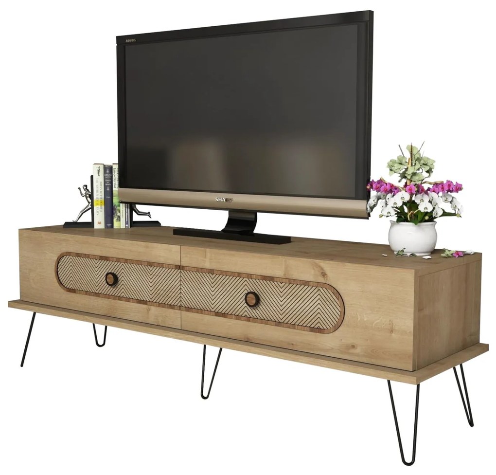 TV STAND  MELAMINE IN NATURAL OAK COLOR METAL LEGS 145x40x45HMcm.