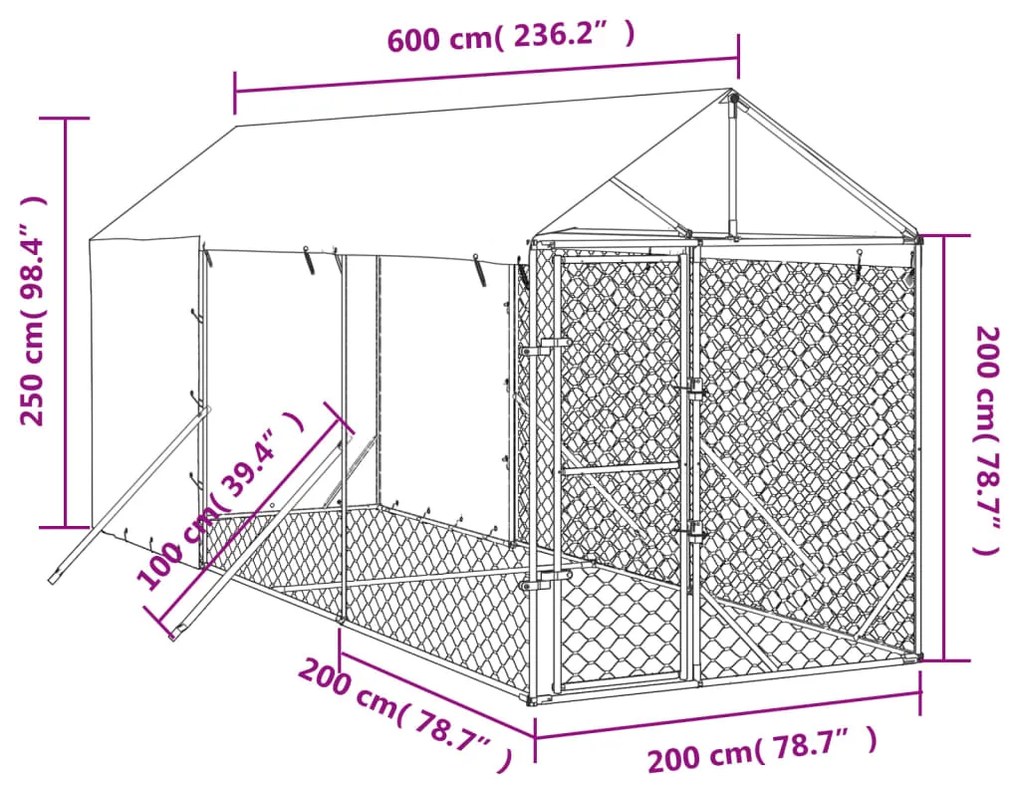 vidaXL Κλουβί Σκύλου Εξ. Χώρου με Οροφή Ασημί 2x6x2,5 μ. Γαλβ. Ατσάλι