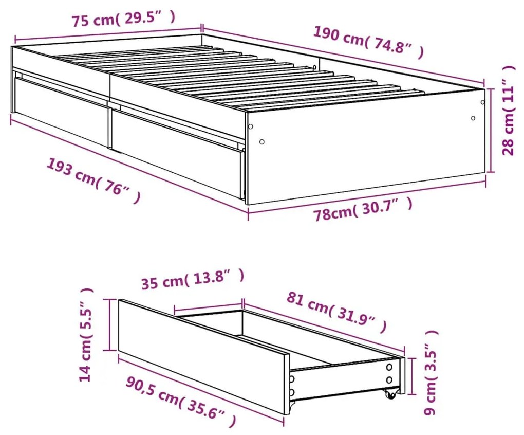 Πλαίσιο Κρεβατιού με Συρτάρια Γκρι Sonoma 75x190 εκ. Επεξ. Ξύλο - Γκρι