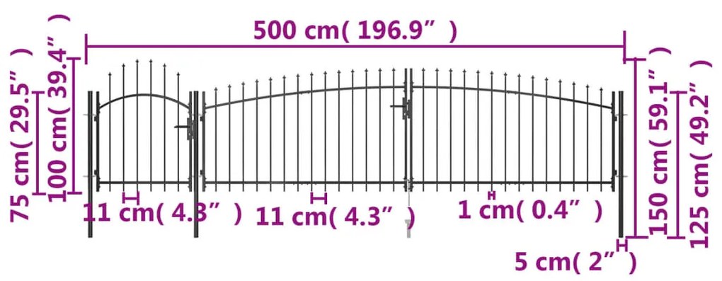 vidaXL Καγκελόπορτα με Λόγχες Μαύρη 5 x 1,5 μ.