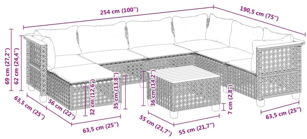 Σαλόνι Κήπου 8 Τεμαχίων Μαύρο από Συνθετικό Ρατάν με Μαξιλάρια - Μαύρο