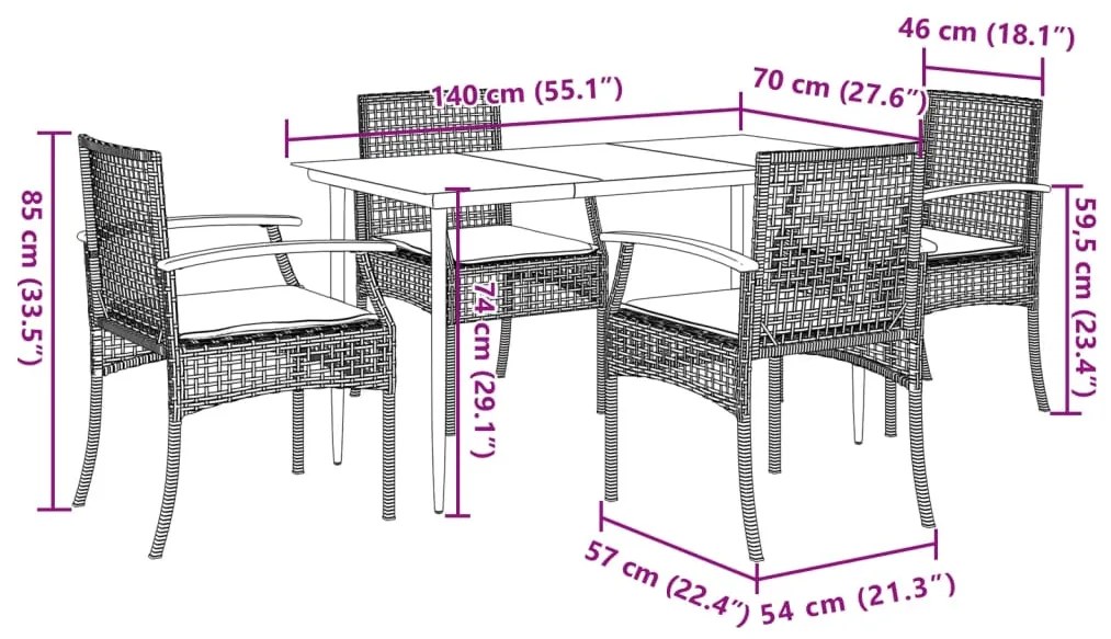 vidaXL Σετ Τραπεζαρίας Κήπου 5 Τεμαχίων Μαύρο Συνθ. Ρατάν με Μαξιλάρια