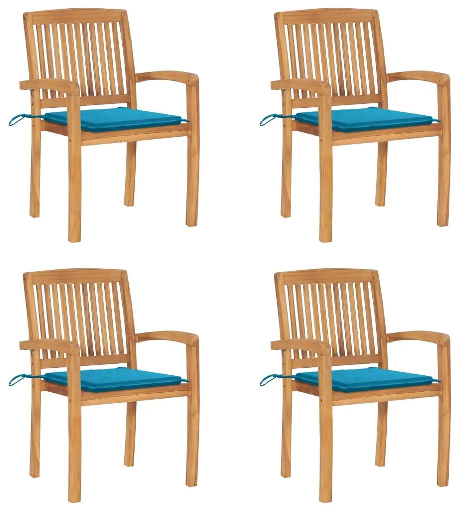 3073214 vidaXL Καρέκλες Κήπου Στοιβαζόμενες 4 τεμ. Μασίφ Ξύλο Teak &amp; Μαξιλάρια Μπλε, 1 Τεμάχιο