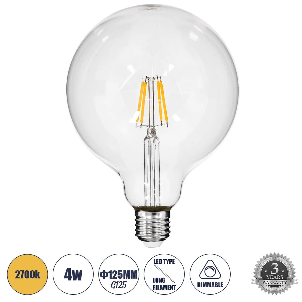 GloboStar 99012 Λάμπα LED Long Filament E27 G125 Γλόμπος 4W 400lm 360° AC 220-240V IP20 Φ12.5 x Υ18cm Θερμό Λευκό 2700K με Διάφανο Γυαλί - Dimmable - 3 Years Warranty - 99012