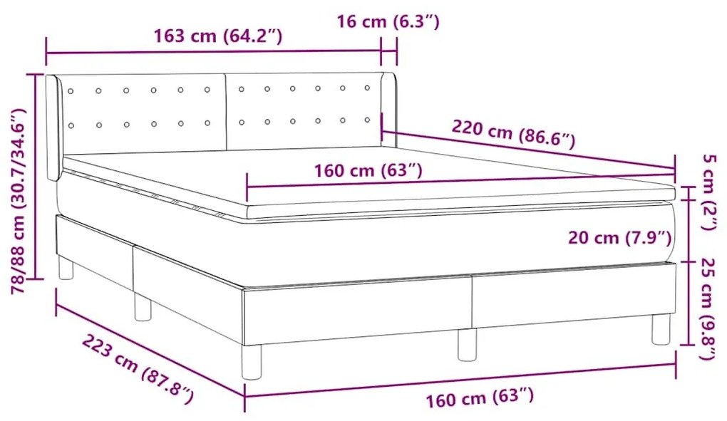 Box Spring Κρεβάτι με στρώμα Μαύρο 160x220 cm Βελούδινο - Μαύρο