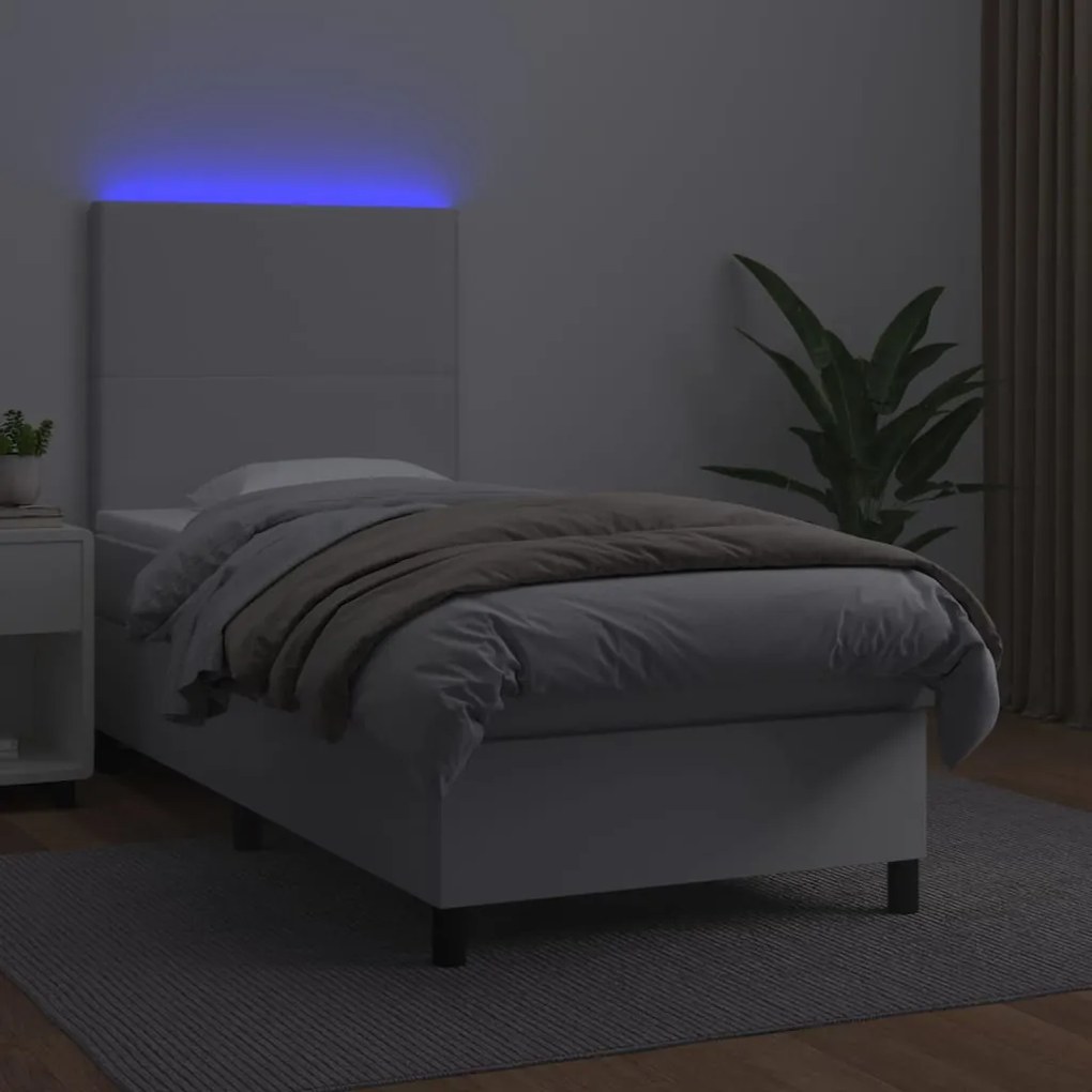 vidaXL Κρεβάτι Boxspring με Στρώμα &amp; LED Λευκό 90x200 εκ. Συνθ. Δέρμα