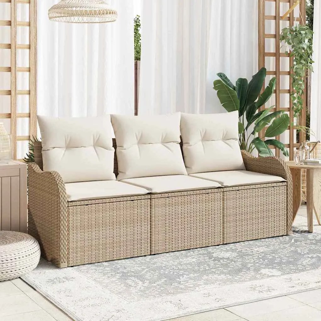 vidaXL Σετ Καναπέ Κήπου με μαξιλάρι 3 pcs Μπεζ Πολυ ράταν