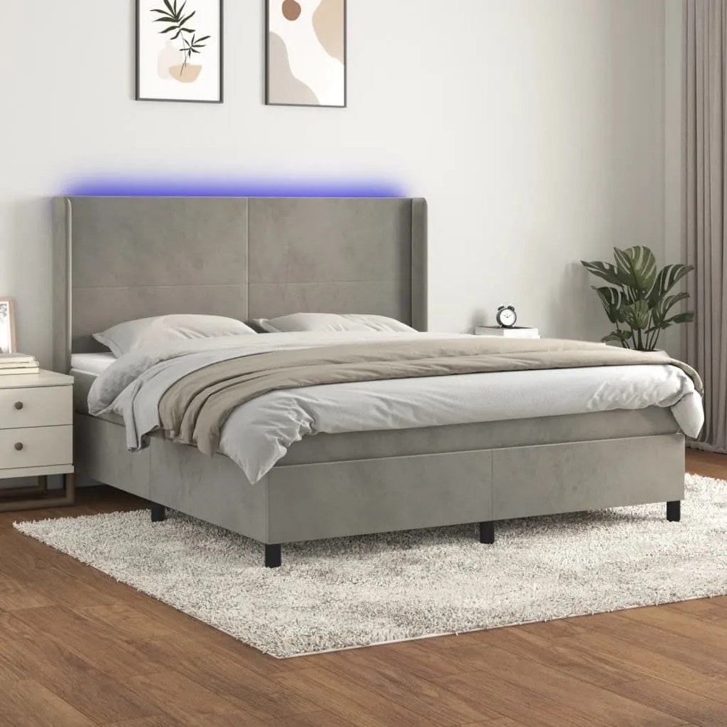 Κρεβάτι Boxspring με Στρώμα &amp; LED Αν.Γκρι 180x200 εκ. Βελούδινο - Γκρι