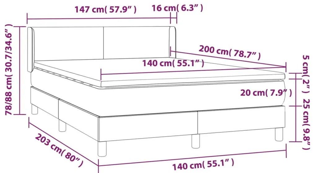 vidaXL Κρεβάτι Boxspring με Στρώμα Μαύρο 140x200 εκ. Υφασμάτινο