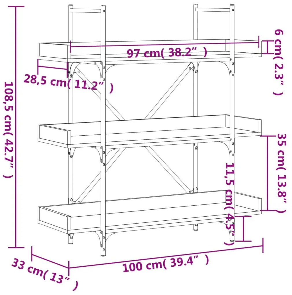 Βιβλιοθήκη 3 Επιπέδων Καφέ Δρυς 100x33x108,5 εκ. Επεξεργ. Ξύλο - Καφέ