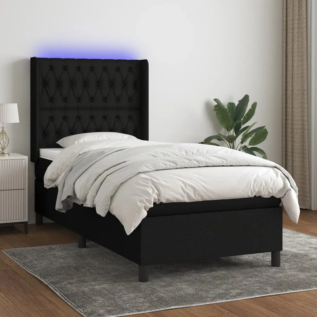 Κρεβάτι Boxspring με Στρώμα &amp; LED Μαύρο 100x200 εκ. Υφασμάτινο