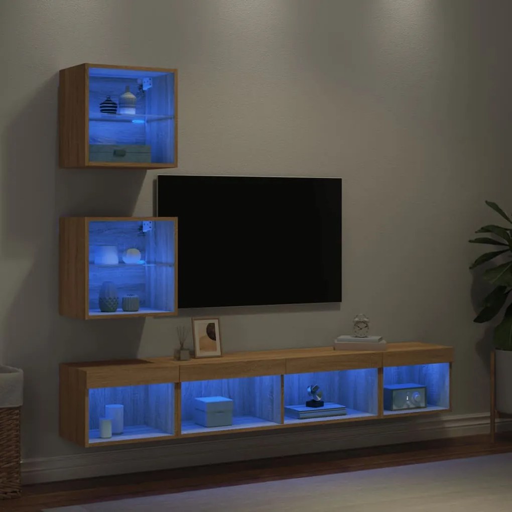 vidaXL Έπιπλα Τοίχου Τηλεόρασης 5 τεμ. LED Sonoma Δρυς από Επεξ. Ξύλο