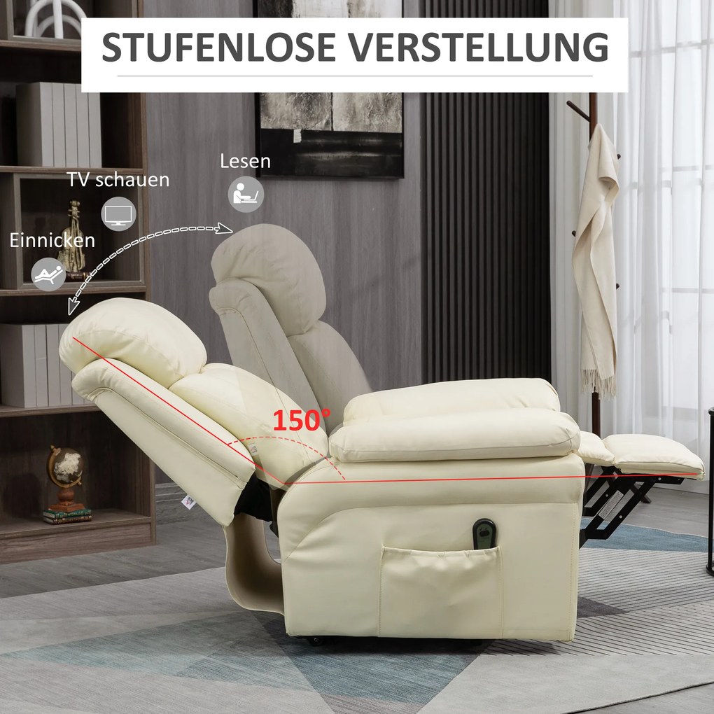 HOMCOM Πολυθρόνα Relax με Βοήθεια Ανύψωσης, περιλαμβάνει Υποπόδιο και Προσκέφαλο, 1 Τηλεχειριστήριο, Κρεμ Λευκό